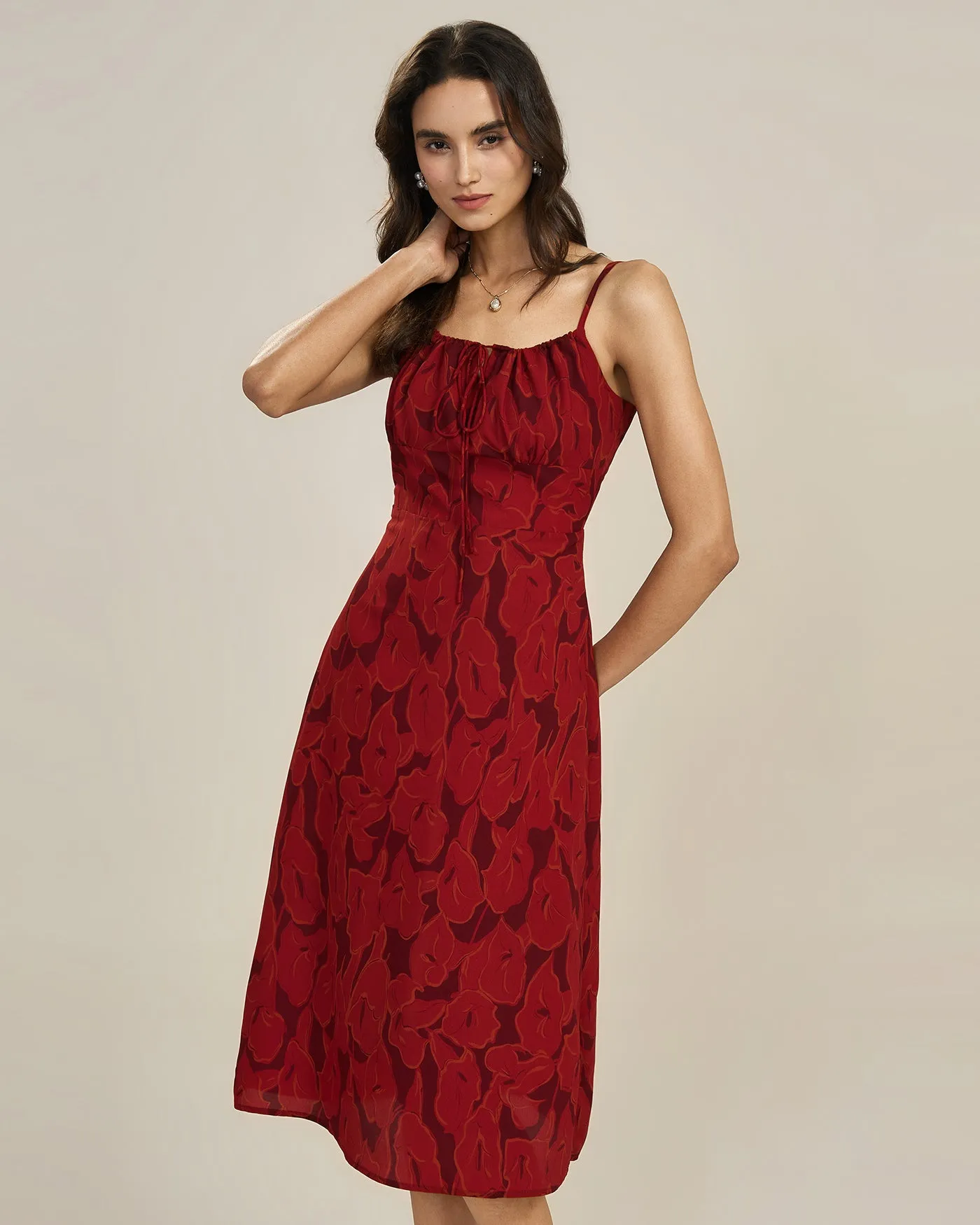 Red Shirred Floral Slip Midi Dress sold by rihoas