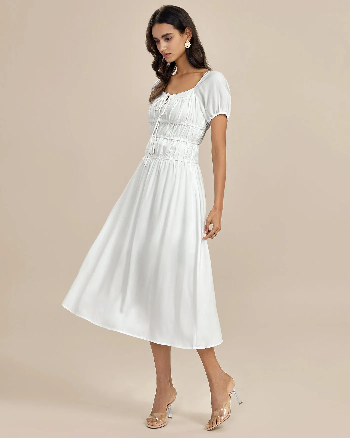 White Square Neck Shirred Midi Dress sold by rihoas product image thumbnail 5