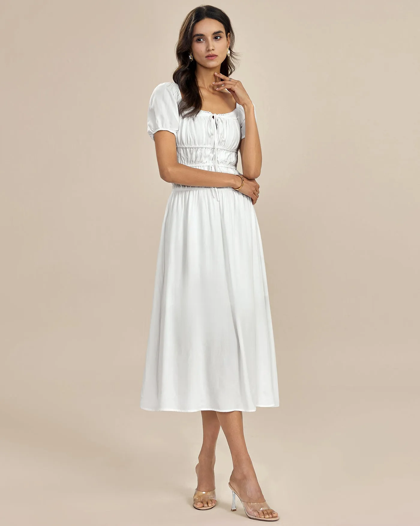 White Square Neck Shirred Midi Dress sold by rihoas product image thumbnail 3