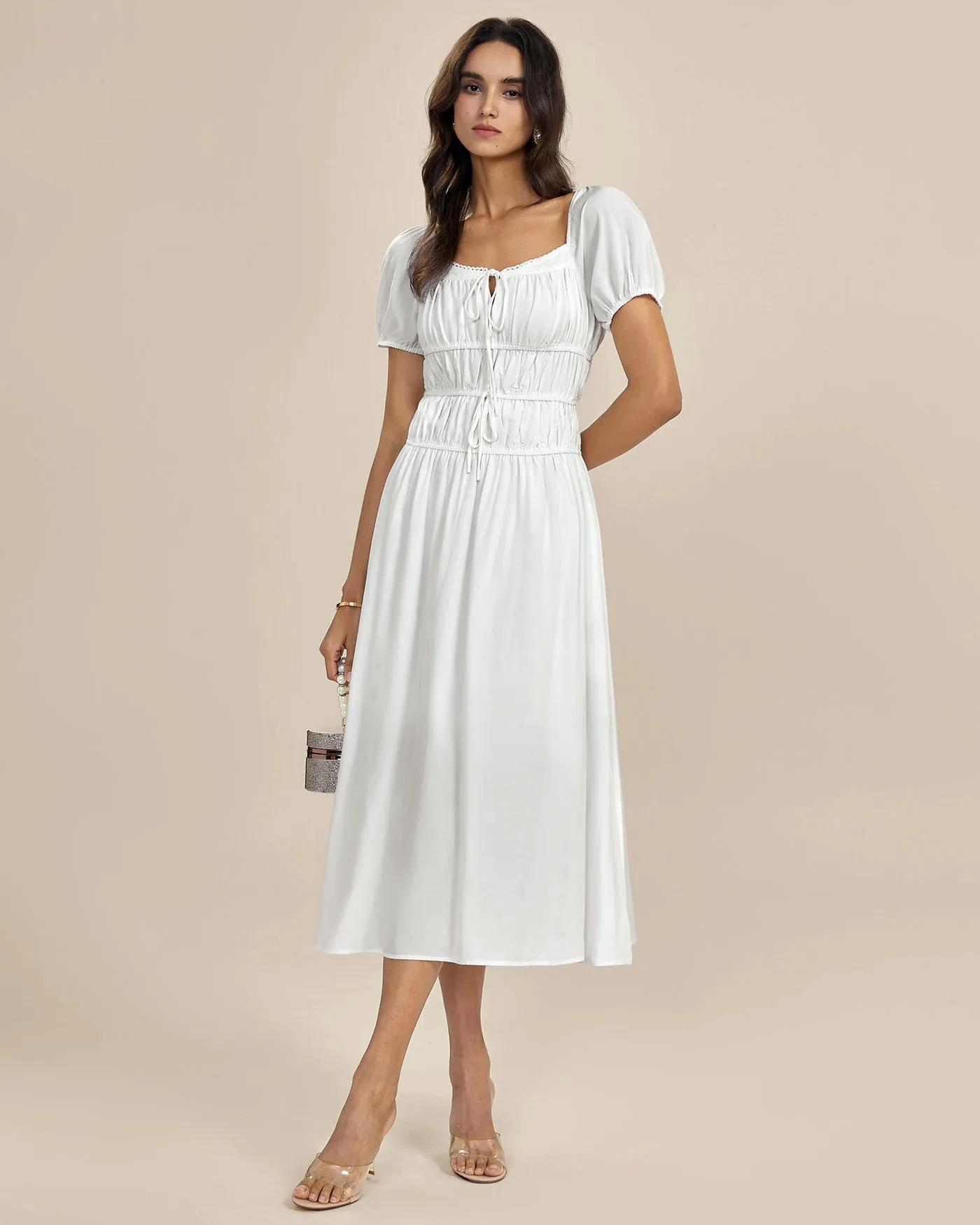 White Square Neck Shirred Midi Dress sold by rihoas product image thumbnail 4