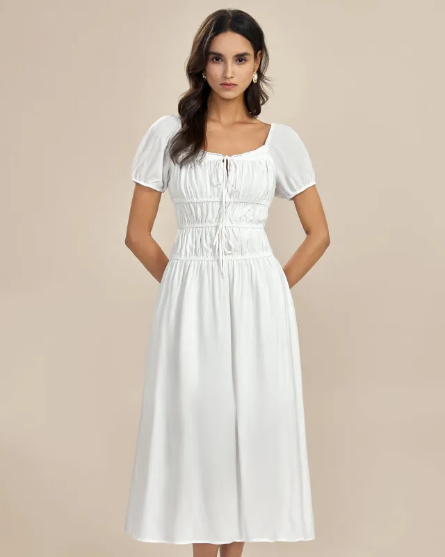 White Square Neck Shirred Midi Dress sold by rihoas