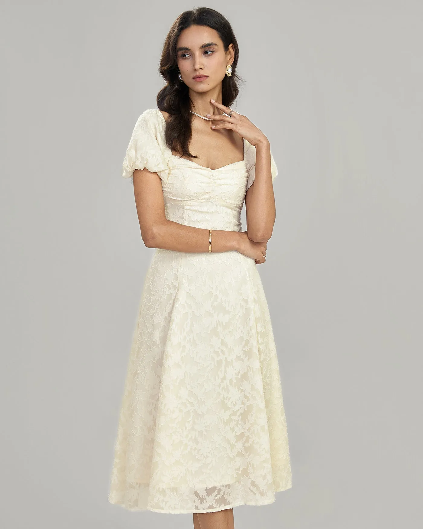 Apricot Square Neck Jacquard Midi Dress sold by rihoas