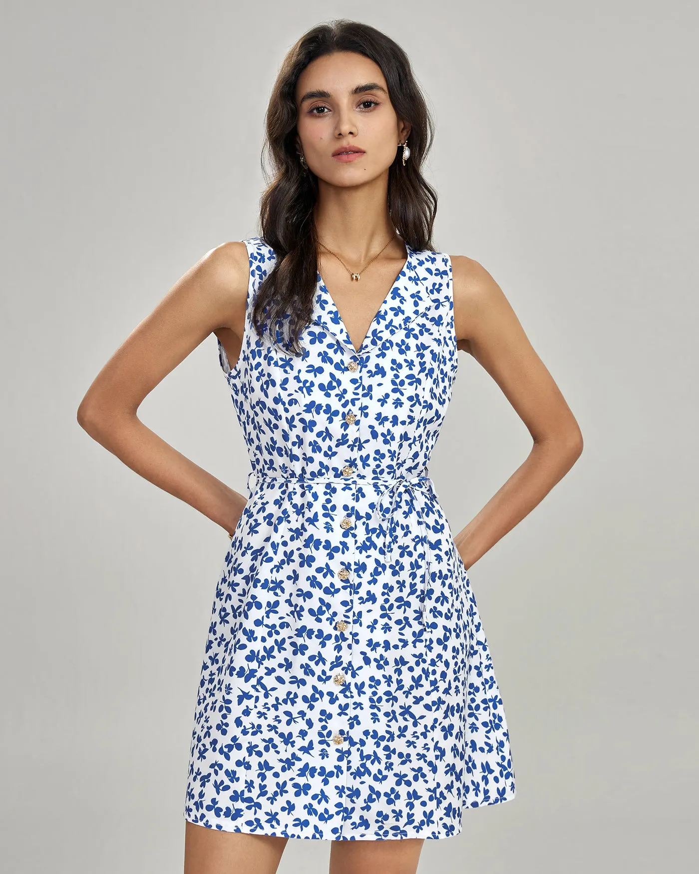 Blue V Neck Floral Mini Dress sold by rihoas