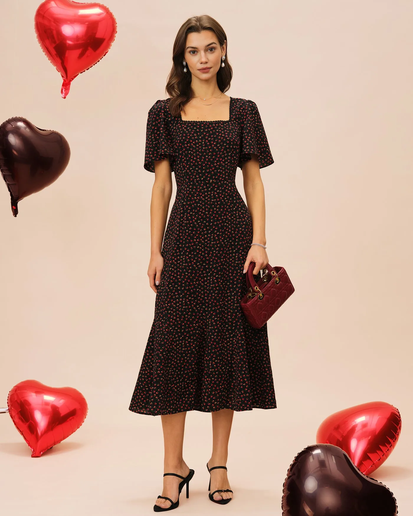 Black Square Neck Butterfly Sleeve Floral Midi Dress sold by rihoas product image thumbnail 5