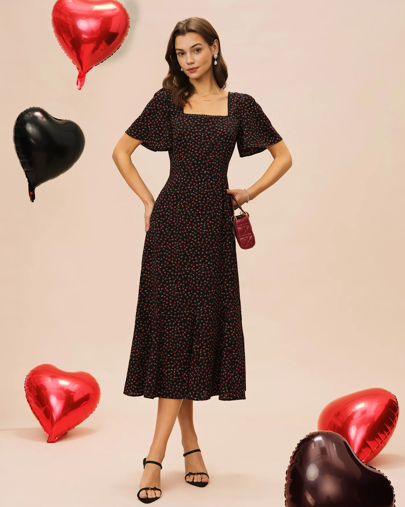 Black Square Neck Butterfly Sleeve Floral Midi Dress sold by rihoas product image thumbnail 4