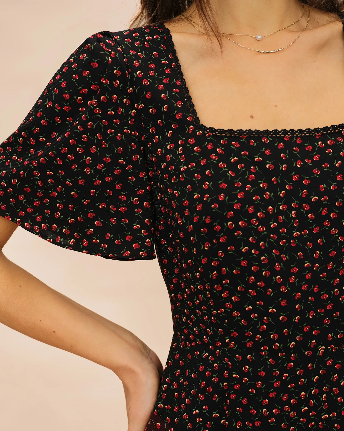 Black Square Neck Butterfly Sleeve Floral Midi Dress sold by rihoas product image thumbnail 2