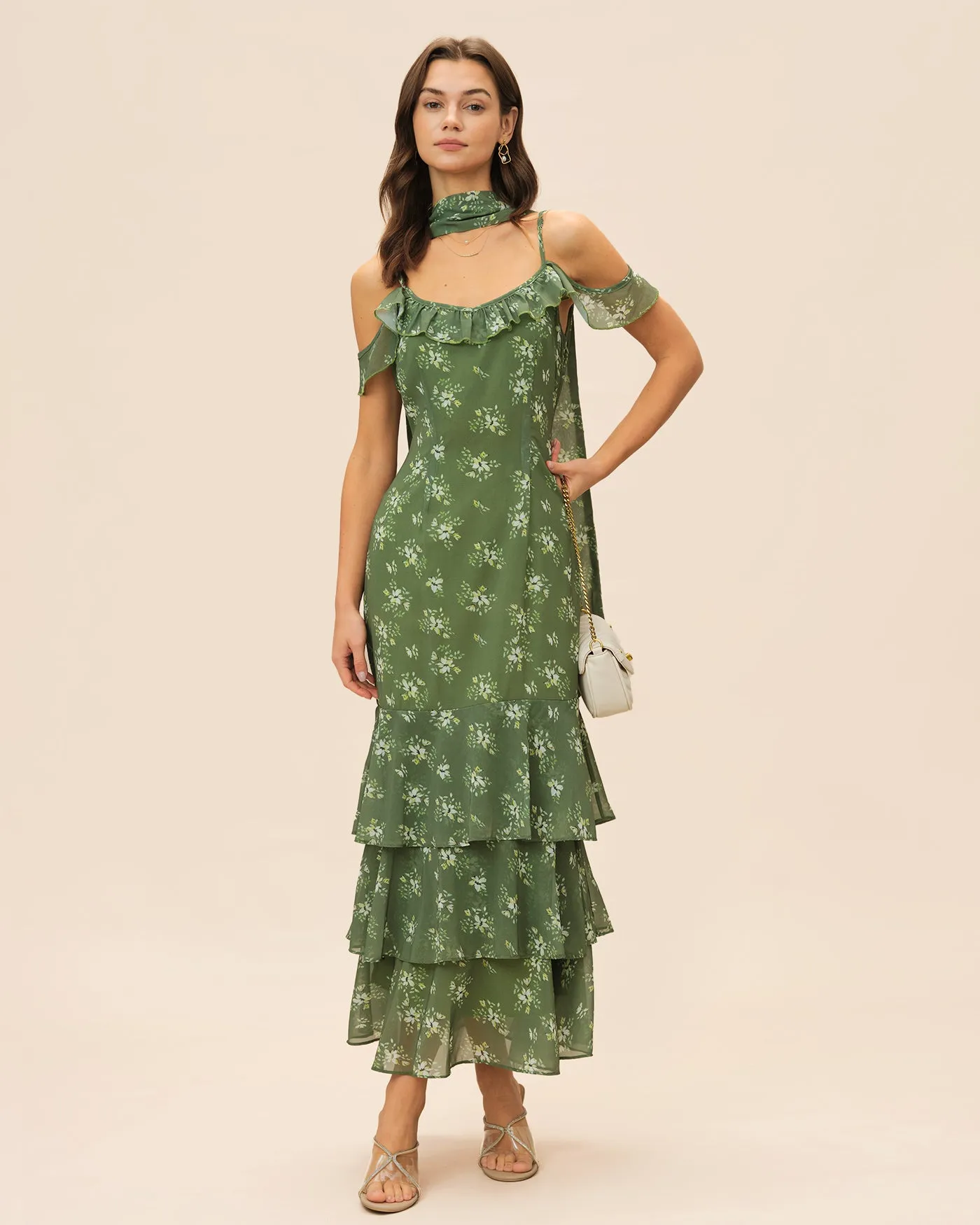 Green V Neck Ruffle Floral Maxi Dress sold by rihoas