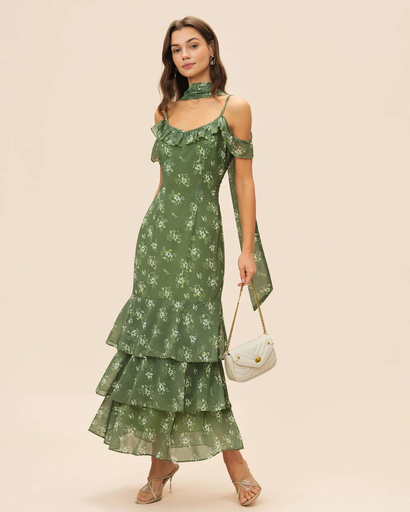 Green V Neck Ruffle Floral Maxi Dress sold by rihoas product image thumbnail 4