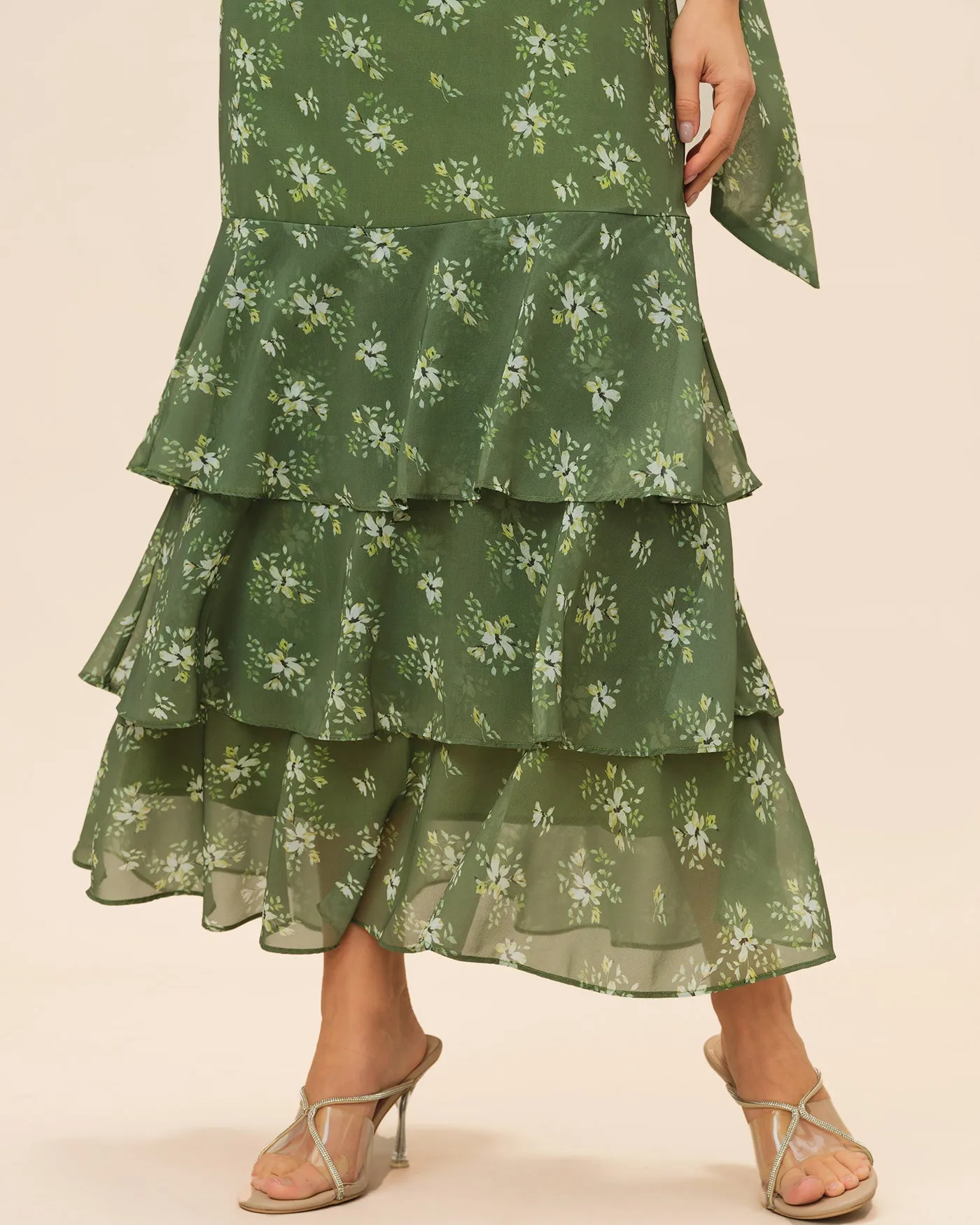 Green V Neck Ruffle Floral Maxi Dress sold by rihoas product image thumbnail 3
