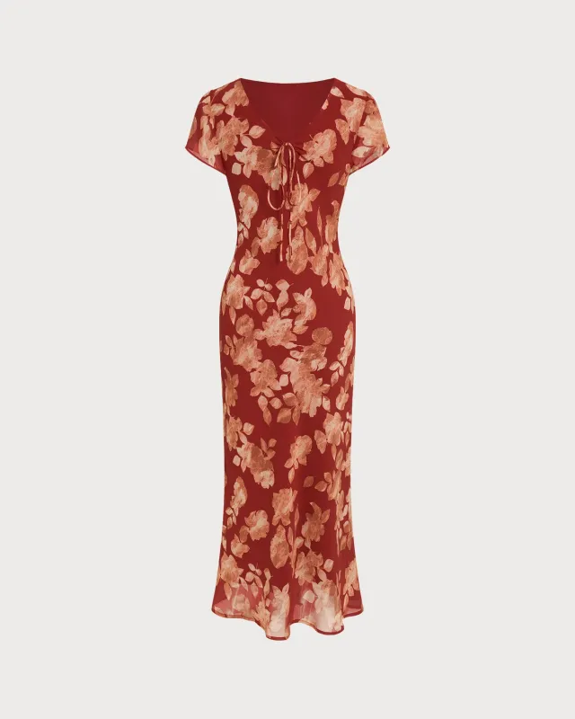 Red V Neck Floral Tunic Maxi Dress sold by rihoas