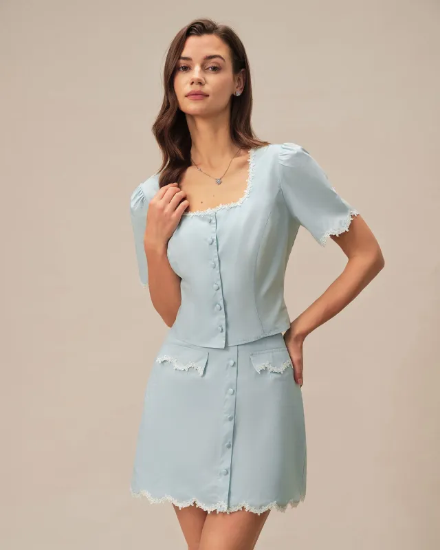 Light Blue Lace Button Square Neck Shirt sold by rihoas