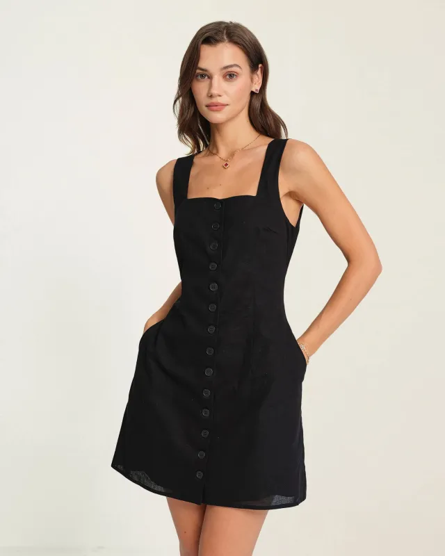 Black Button Square Neck Mini Dress sold by rihoas