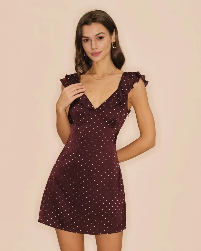 Purple V Neck Polka Dot Satin Mini Dress sold by rihoas
