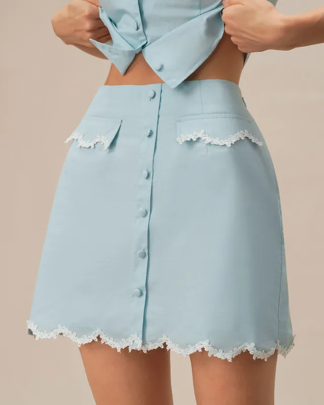 Light Blue Lace Pocket Button Mini Skirt sold by rihoas