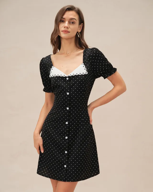 Black V Neck Polka Dot Mini Dress sold by rihoas