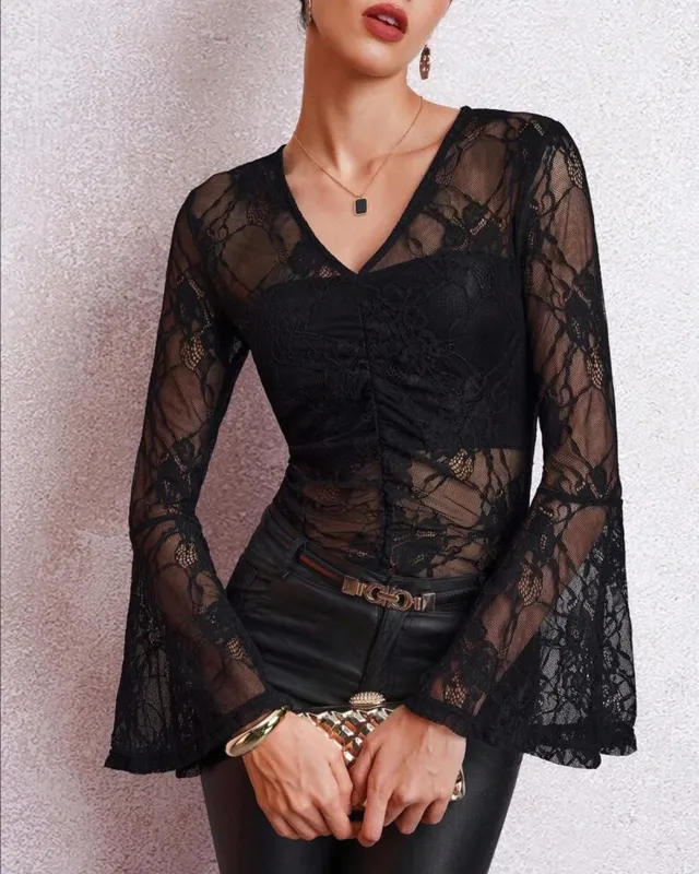 Black V Neck Floral Textured Tee sold by rihoas