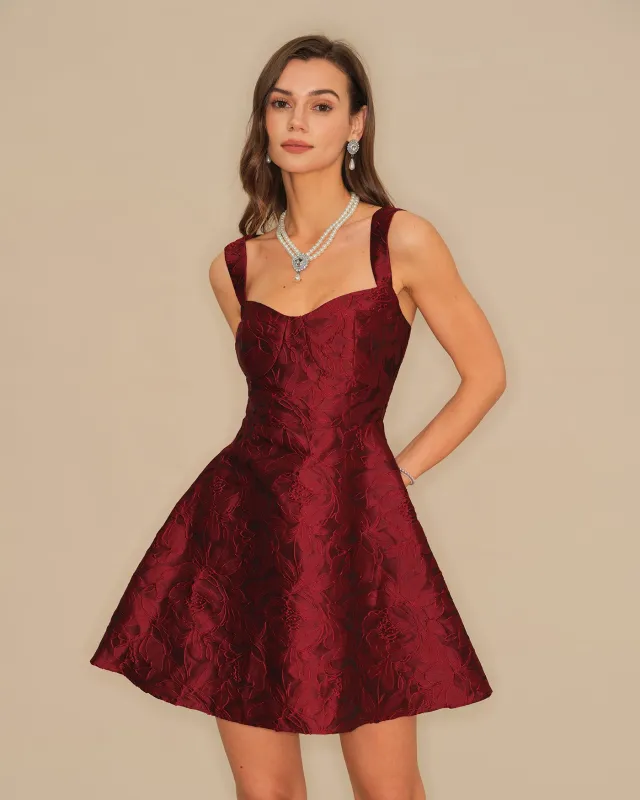 Wine Red Sweetheart Neck Jacquard Mini Dress sold by rihoas