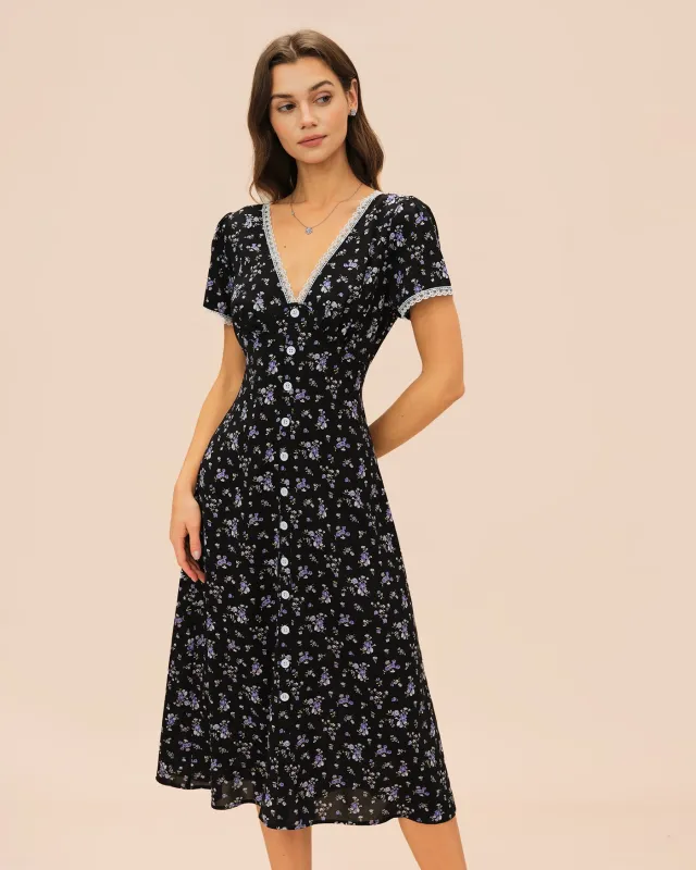 Black V Neck Lace Floral Midi Dress sold by rihoas