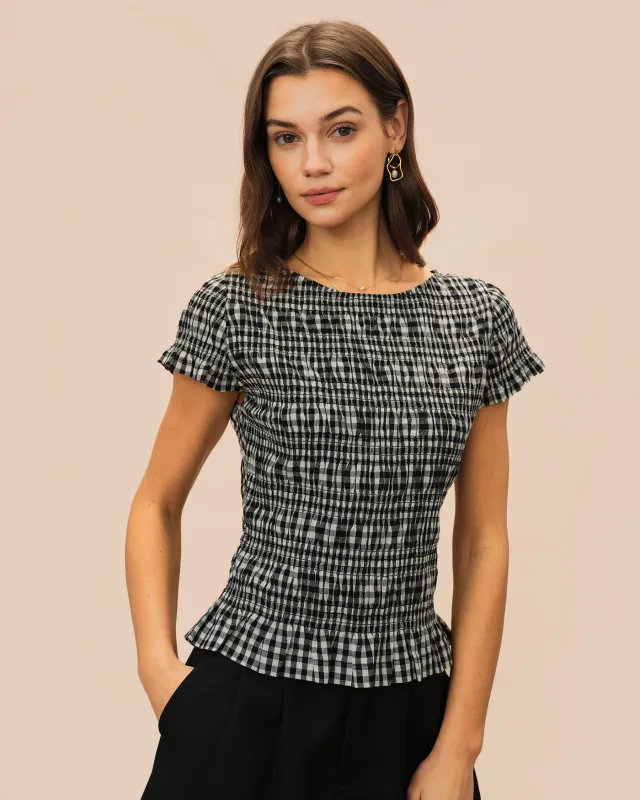 Black Boat Neck Shirred Plaid Tee sold by rihoas