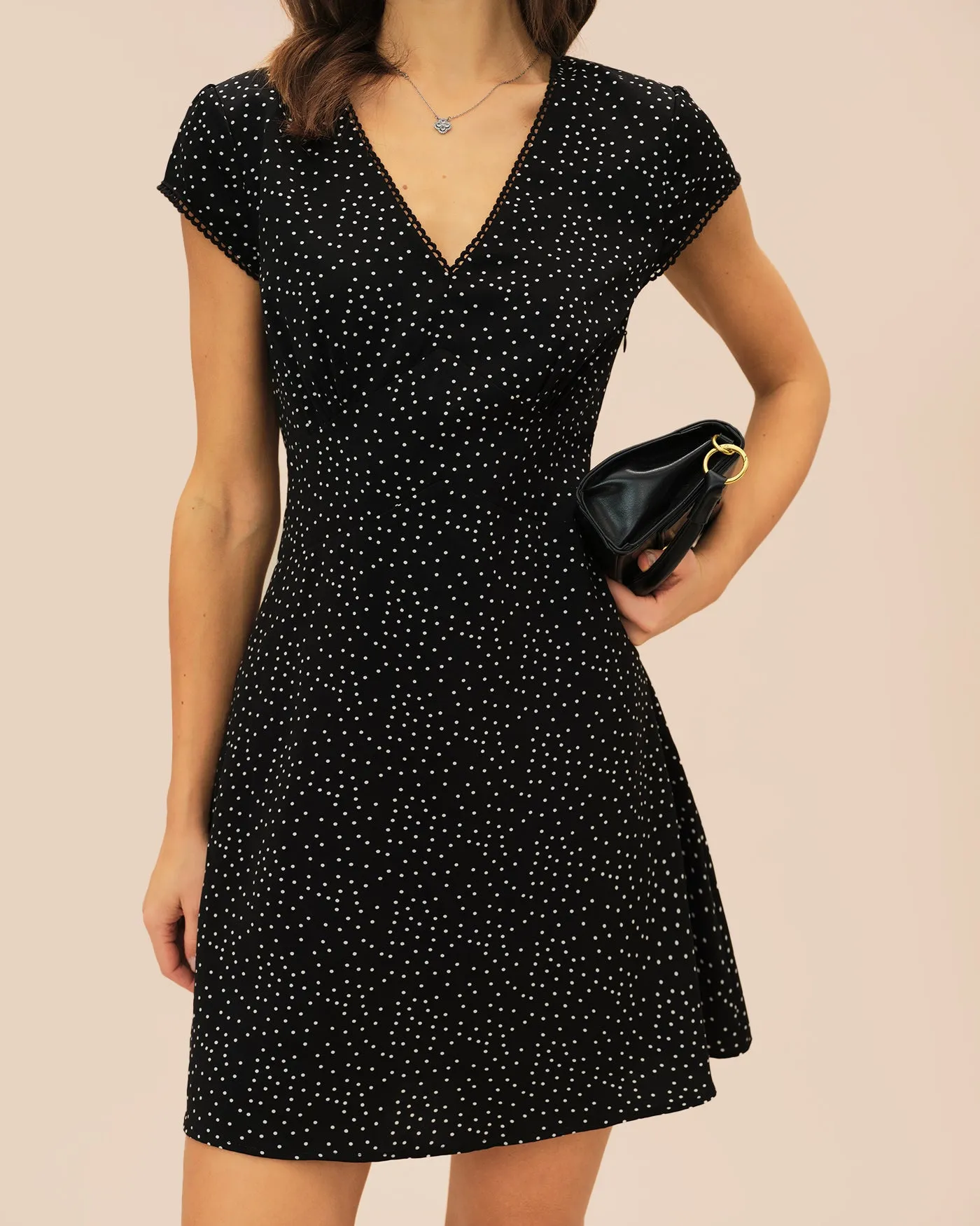 Black Polka Dot V Neck Mini Dress sold by rihoas product image thumbnail 3