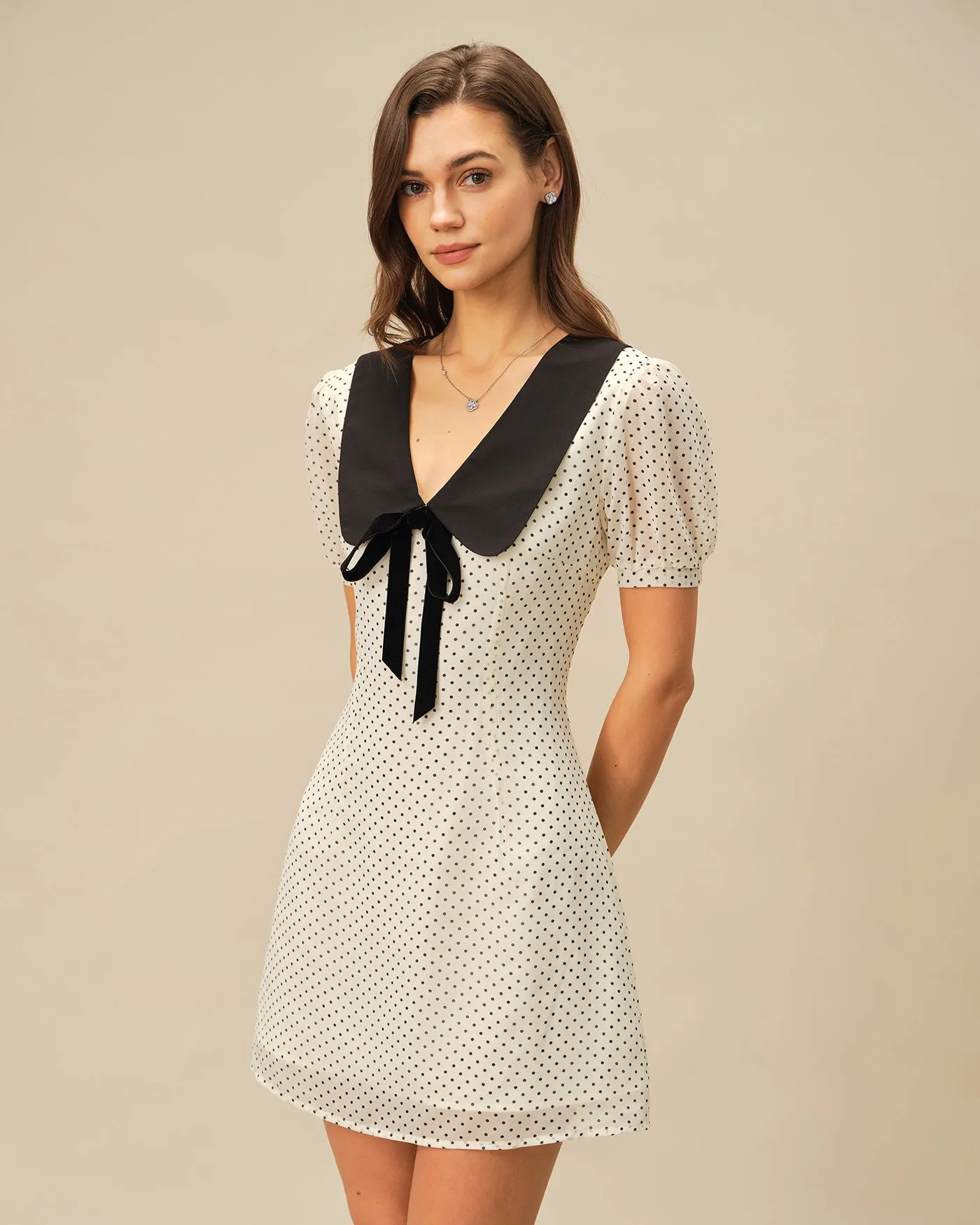 Apricot Polka Dot Contrasting Mini Dress sold by rihoas product image thumbnail 3