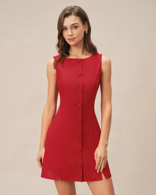 Red Boat Neck Button Mini Dress made by rihoas