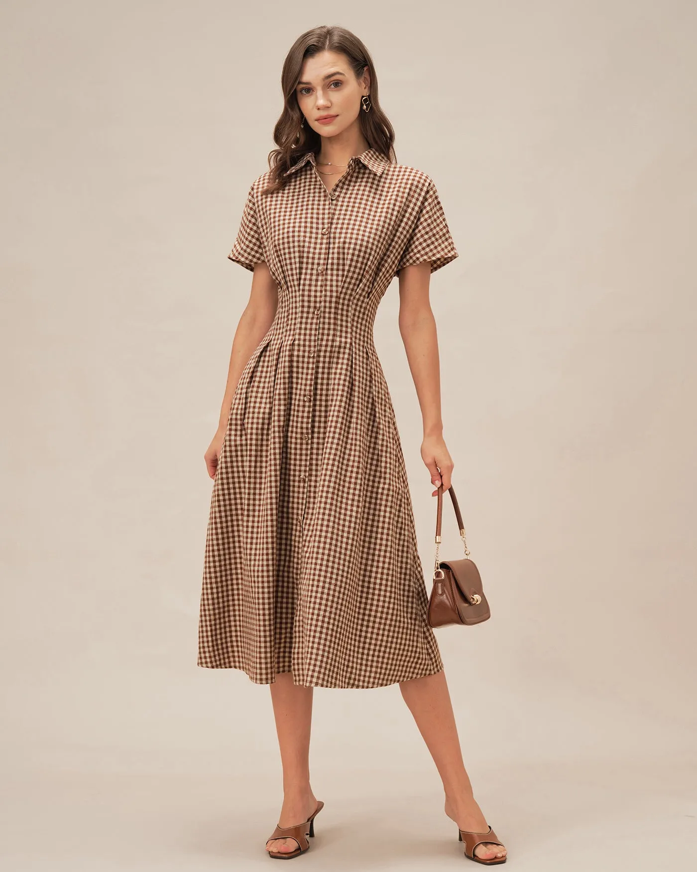Brown Collar Plaid Midi Dress sold by rihoas product image thumbnail 4
