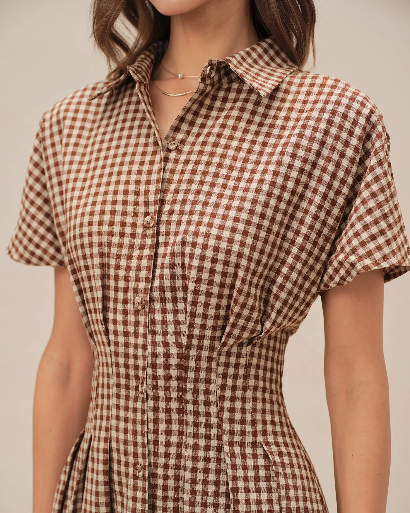 Brown Collar Plaid Midi Dress sold by rihoas product image thumbnail 2