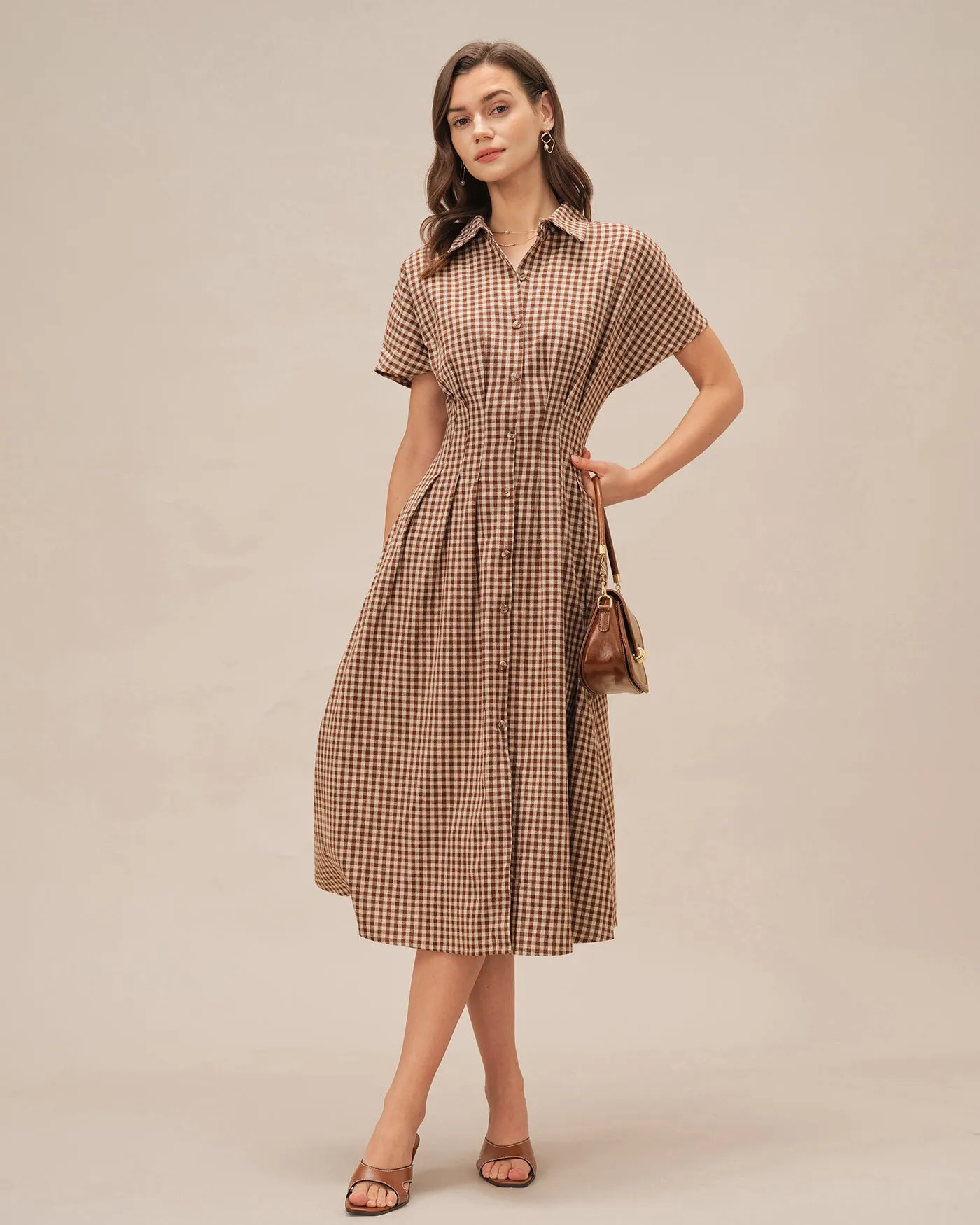 Brown Collar Plaid Midi Dress sold by rihoas product image thumbnail 5