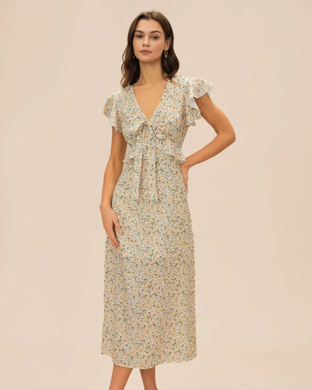 Yellow V Neck Floral Ruffle Midi Dress sold by rihoas