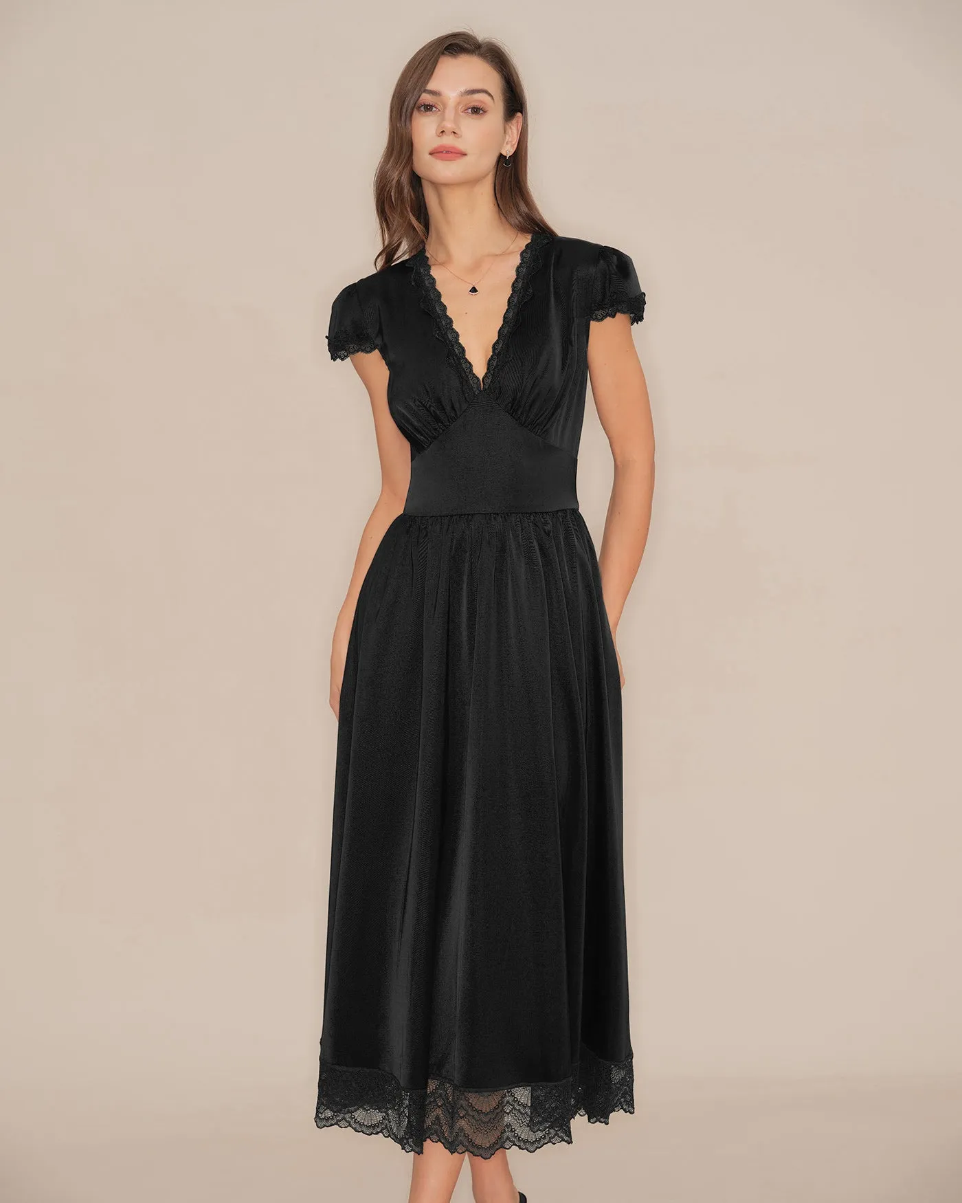 Black V Neck Lace Puffed Sleeve Maxi Dress sold by rihoas product image thumbnail 4
