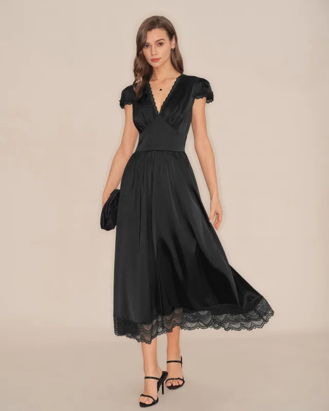 Black V Neck Lace Puffed Sleeve Maxi Dress sold by rihoas