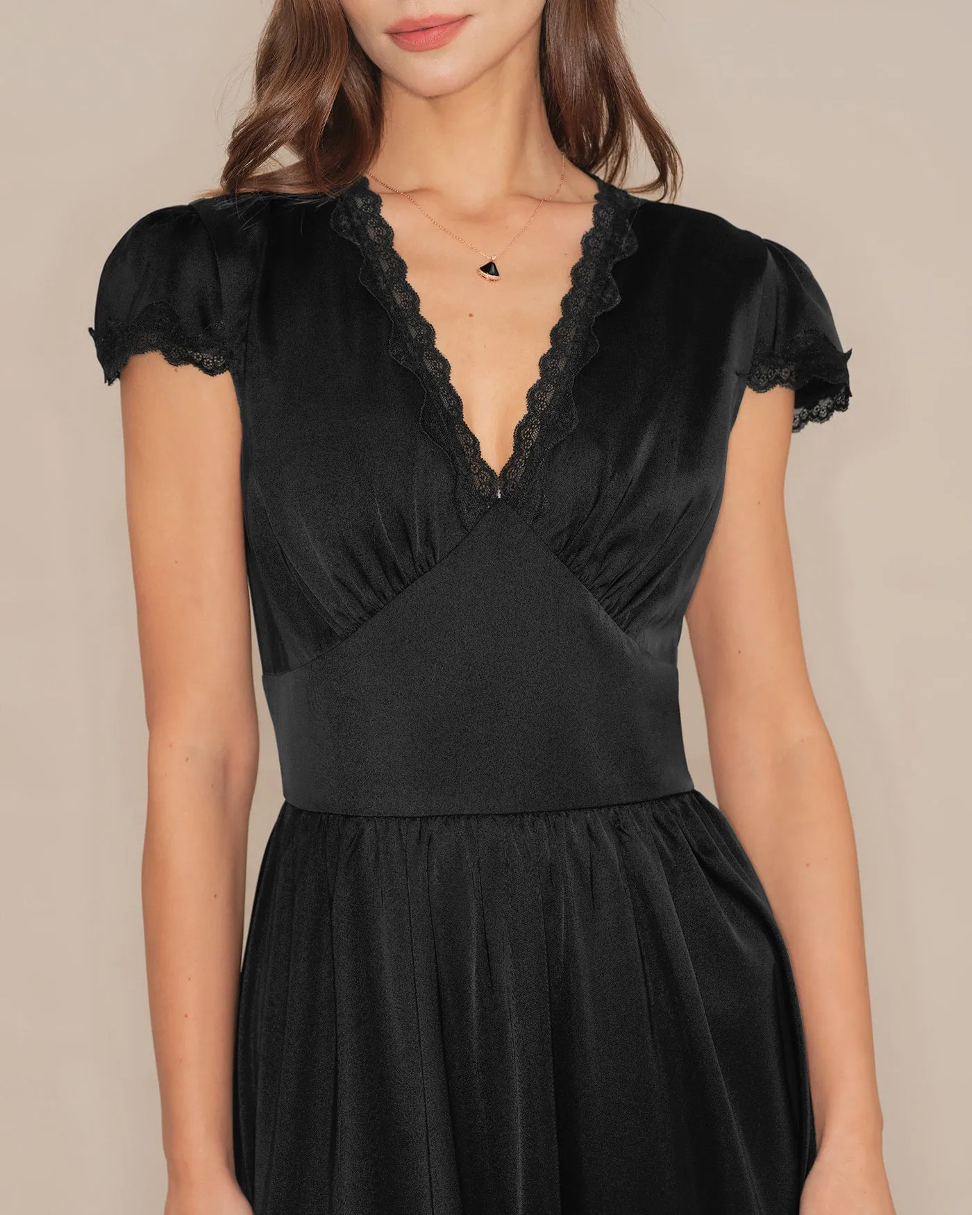 Black V Neck Lace Puffed Sleeve Maxi Dress sold by rihoas product image thumbnail 2