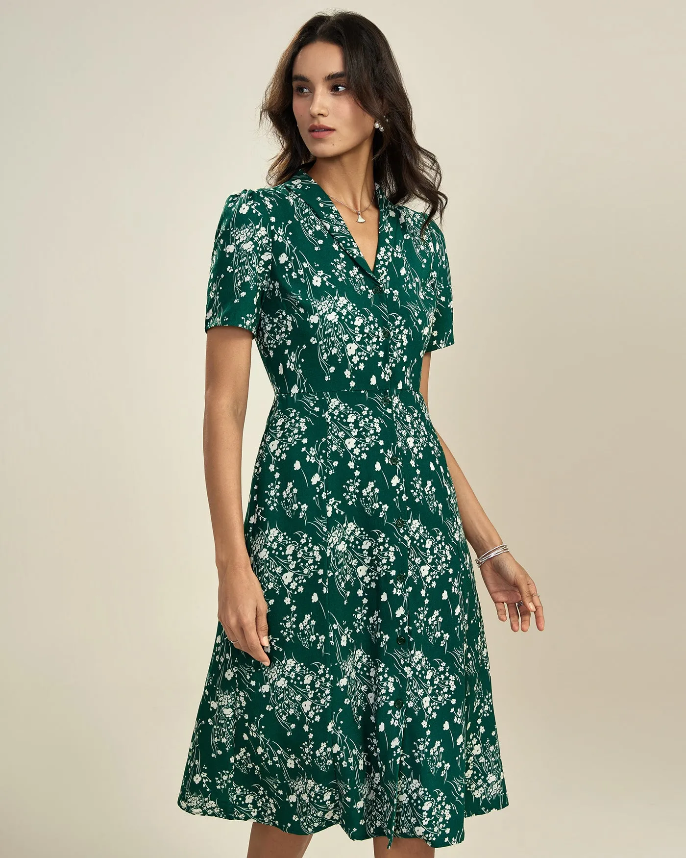Green V Neck Floral Tunic Midi Dress sold by rihoas product image thumbnail 3