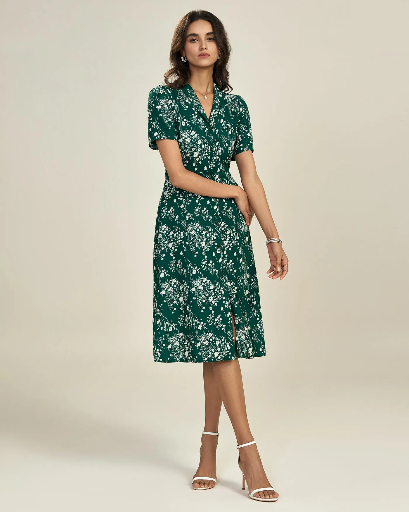 Green V Neck Floral Tunic Midi Dress sold by rihoas