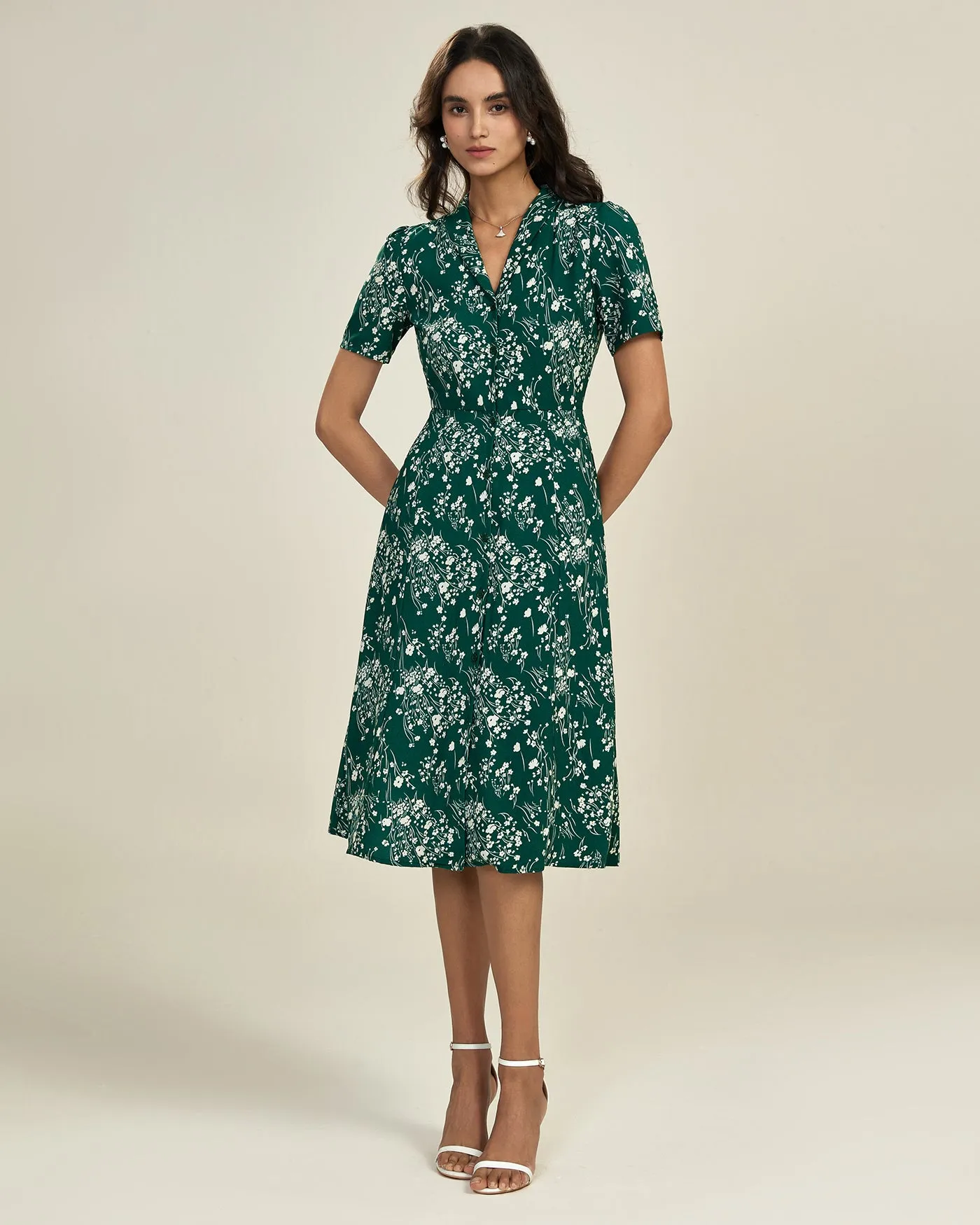 Green V Neck Floral Tunic Midi Dress sold by rihoas product image thumbnail 5