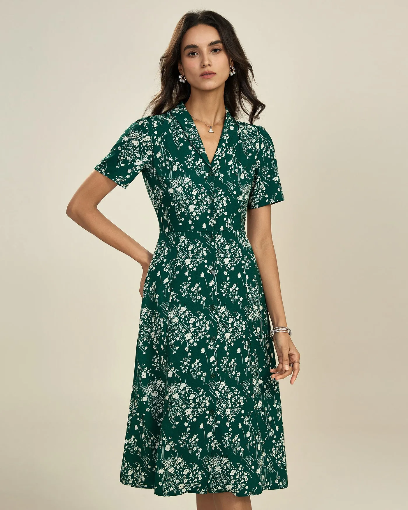 Green V Neck Floral Tunic Midi Dress sold by rihoas product image thumbnail 4