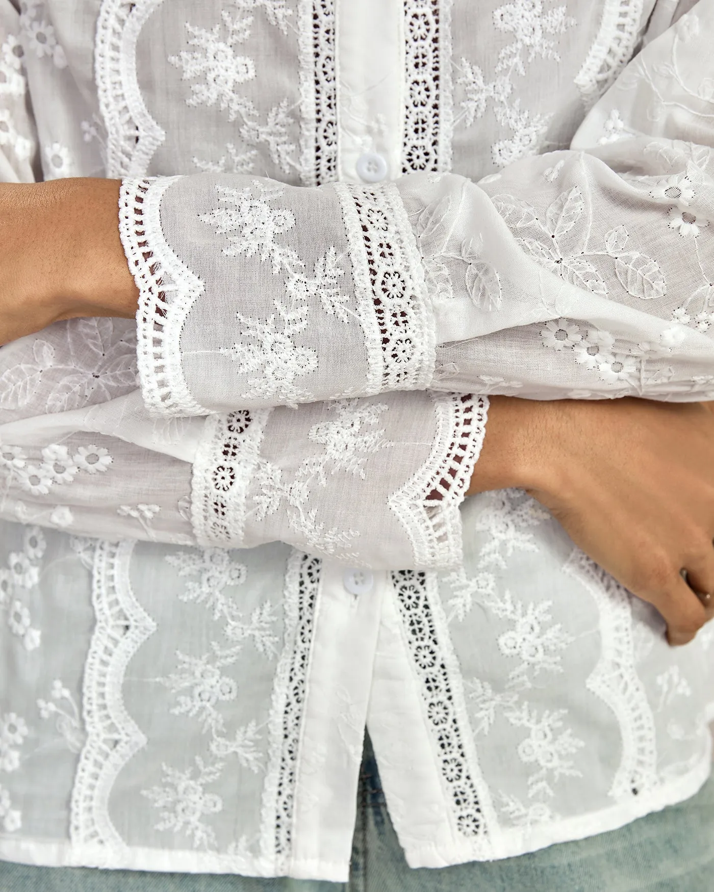 White Floral Textured Ruffled Shirt sold by rihoas product image thumbnail 2