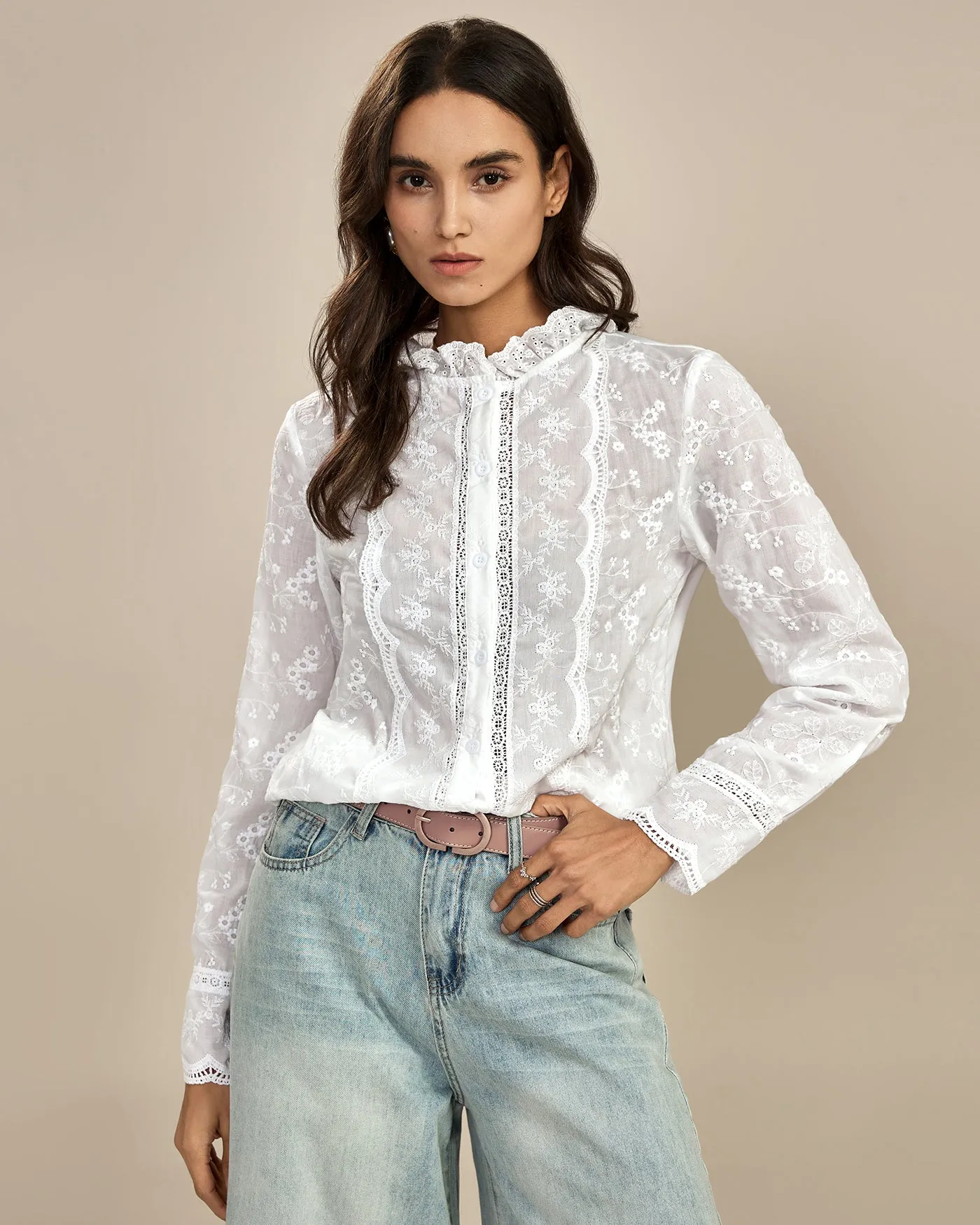 White Floral Textured Ruffled Shirt sold by rihoas