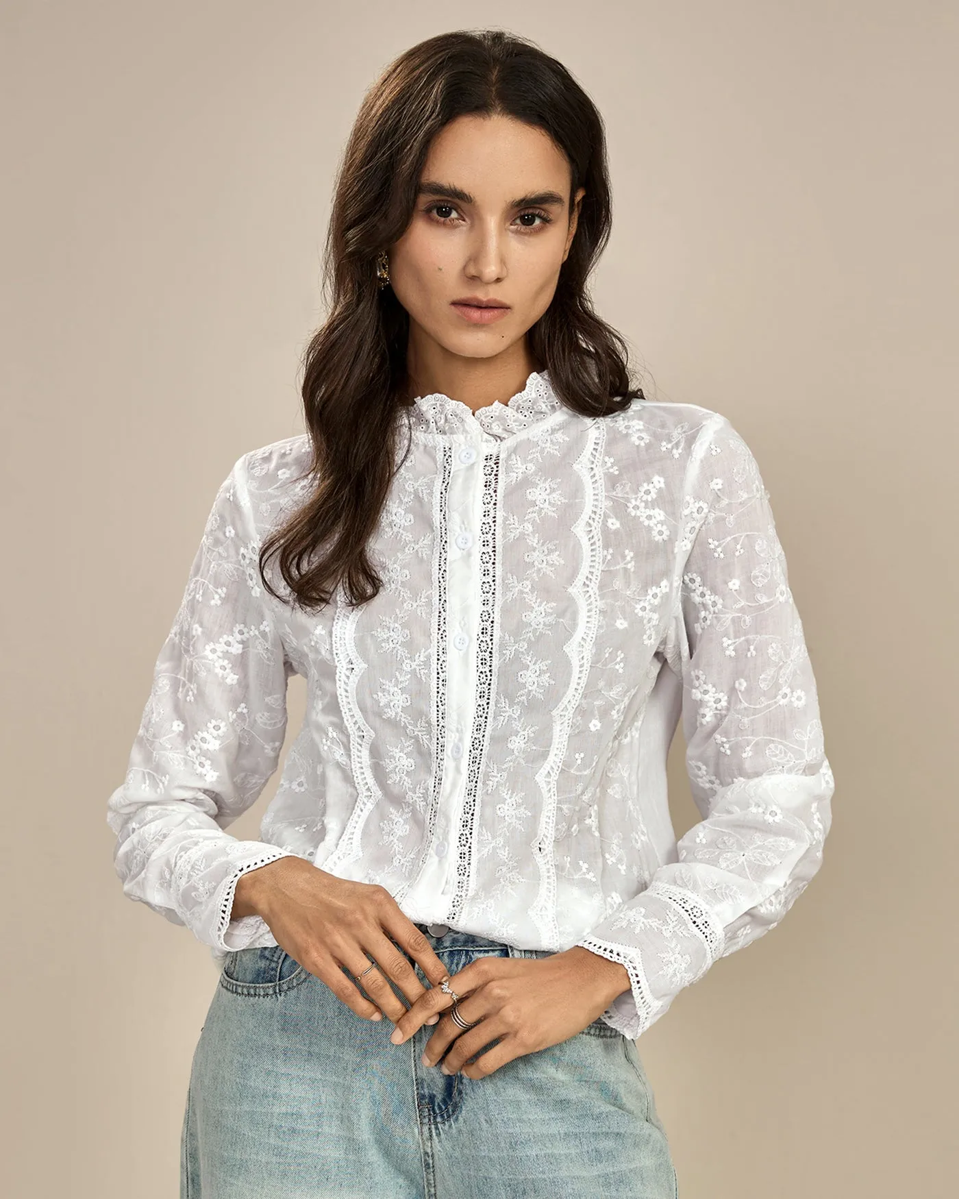 White Floral Textured Ruffled Shirt sold by rihoas product image thumbnail 4