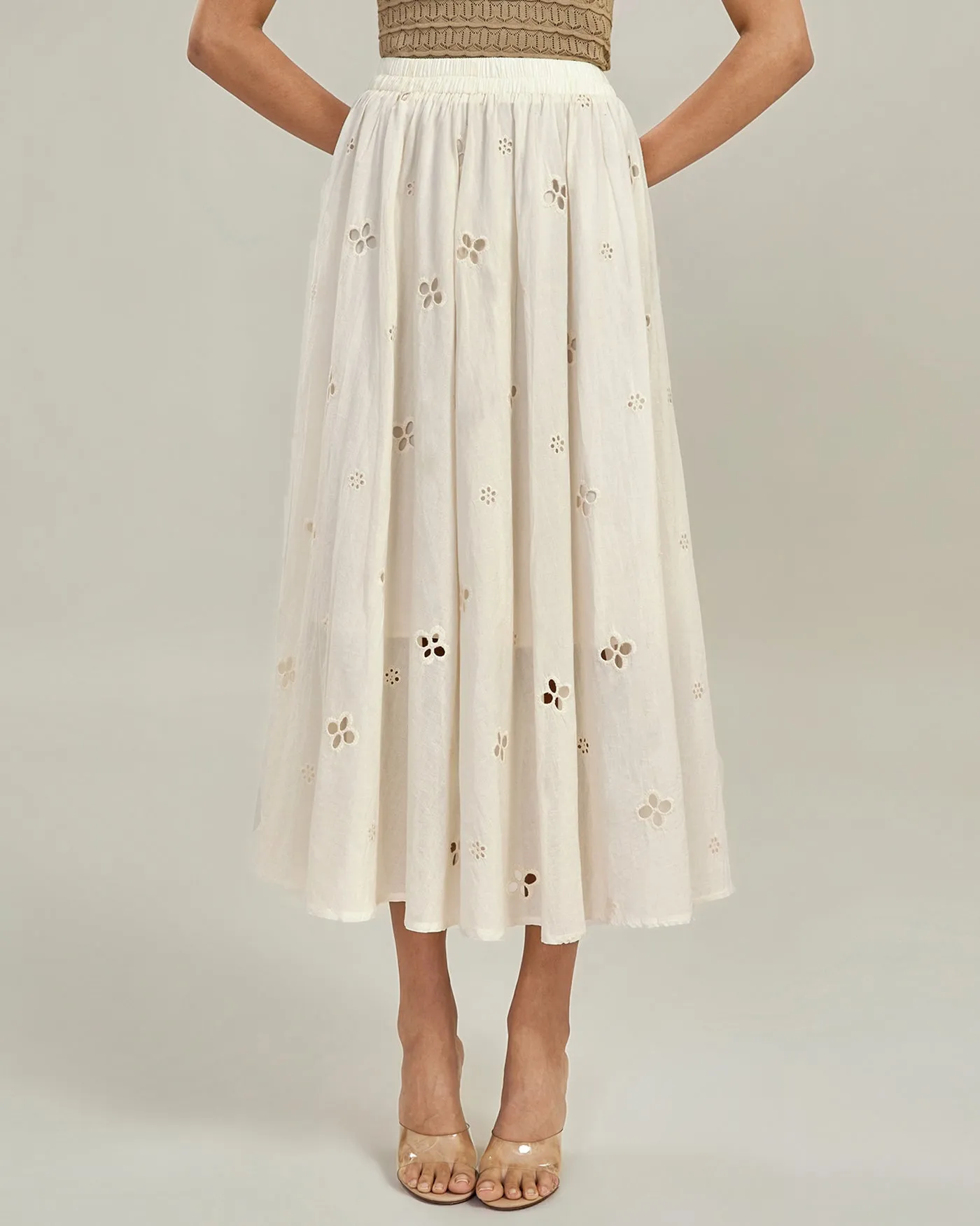 Apricot Elastic Waist Floral Midi Skirt sold by rihoas