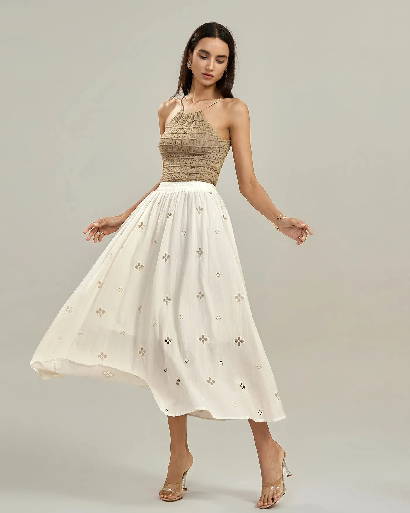 Apricot Elastic Waist Floral Midi Skirt sold by rihoas product image thumbnail 4