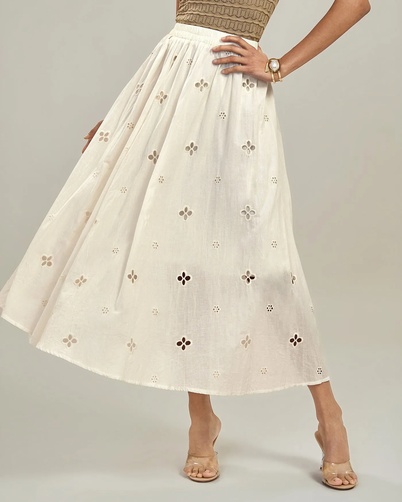 Apricot Elastic Waist Floral Midi Skirt sold by rihoas product image thumbnail 3