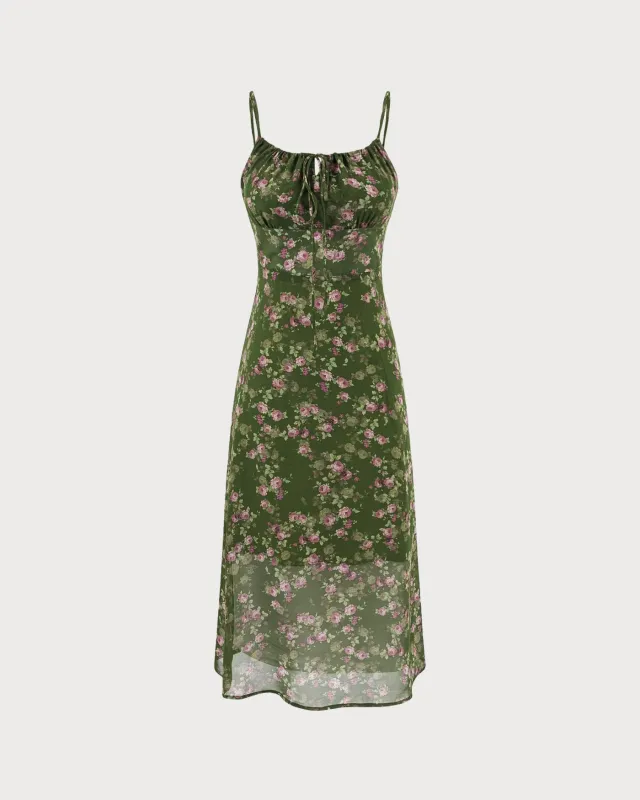 Green Shirred Floral Slip Midi Dress sold by rihoas