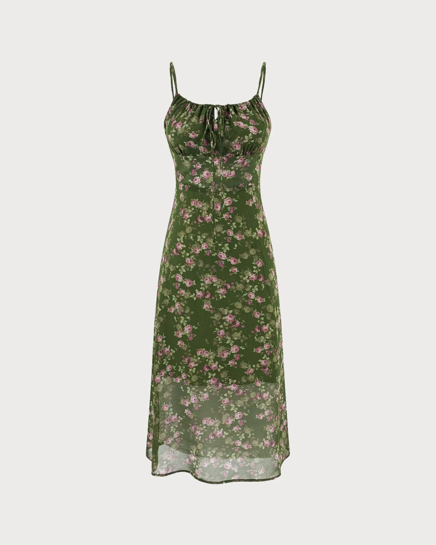 Green Shirred Floral Slip Midi Dress sold by rihoas