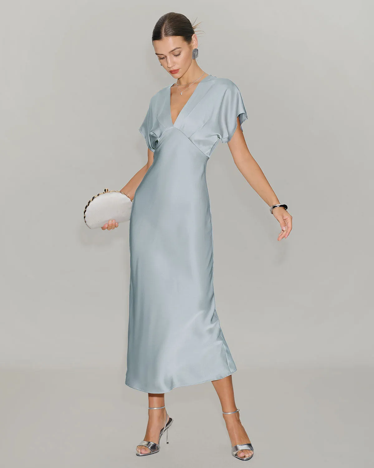 Blue V Neck Cowl Sleeve Satin Midi Dress sold by rihoas product image thumbnail 4