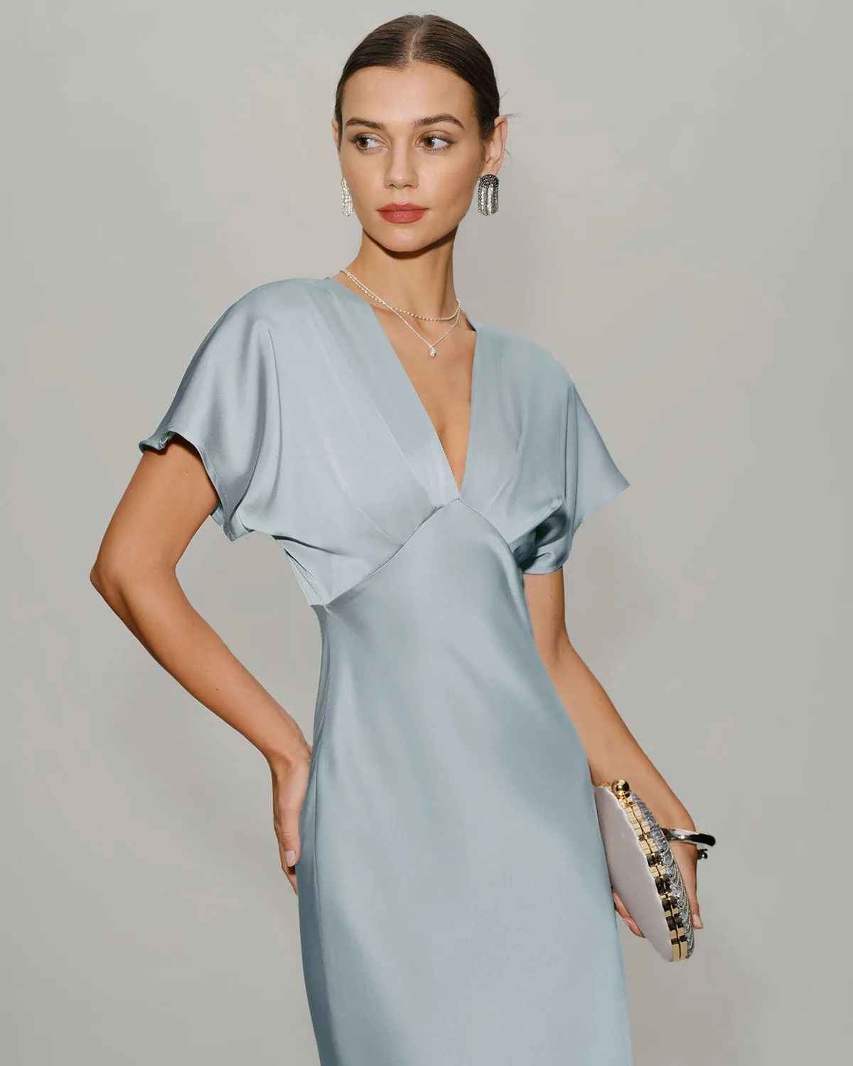 Blue V Neck Cowl Sleeve Satin Midi Dress sold by rihoas product image thumbnail 2