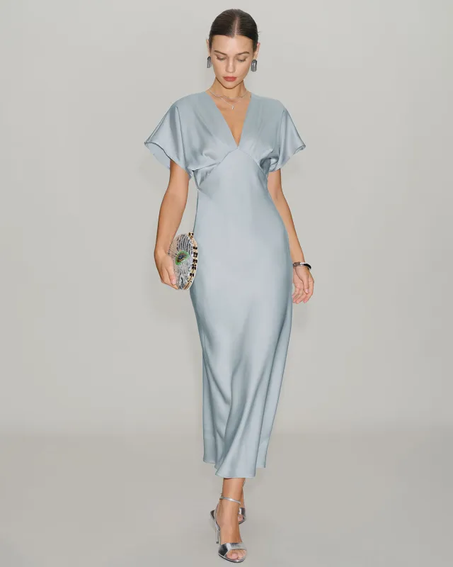 Blue V Neck Cowl Sleeve Satin Midi Dress sold by rihoas