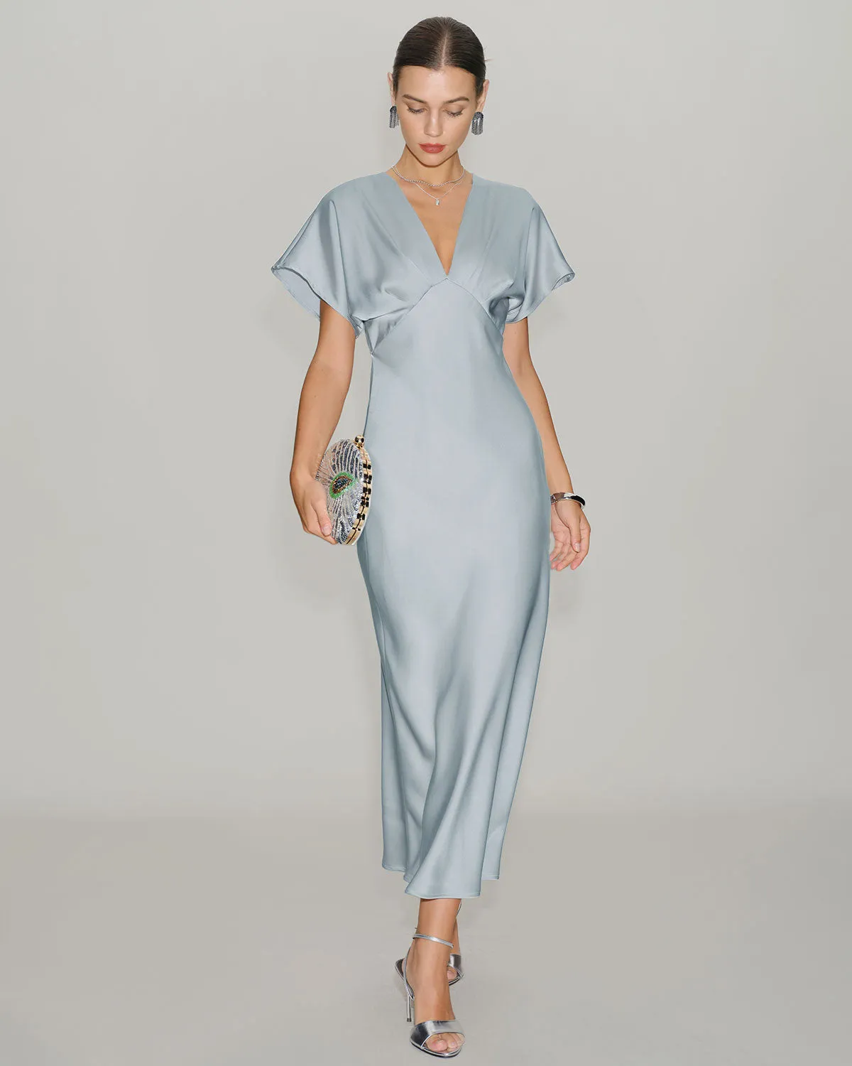 Blue V Neck Cowl Sleeve Satin Midi Dress sold by rihoas