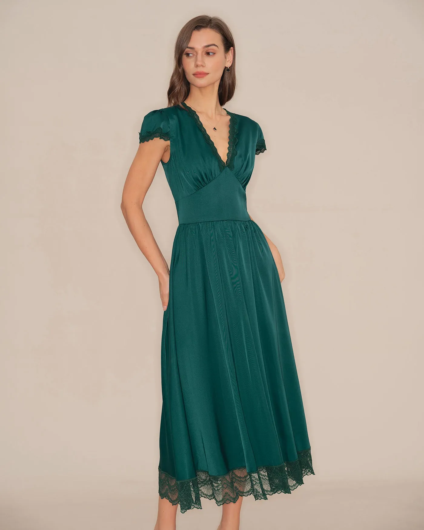 Green V Neck Lace Maxi Dress sold by rihoas product image thumbnail 3